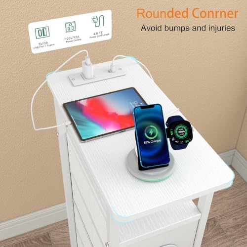 sthmec Side Table with Charging Station, Narrow End Table with 4 Drawers, Small Nightstands with Fabric Drawers,Slim Sofa Couch Side Tables for Small Spaces,Living Room,Bedroom, White