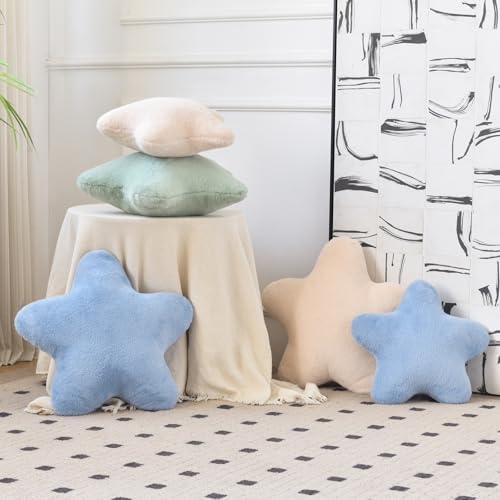 Star Pillow, Decorative Throw Pillows for Bed Couch, 15" Star Shaped Pillow Plush Floor Cushions Room Decor Pillow with Faux Rabbit Fur for Sofa Bedroom Living Room (Grey Blue, 15" x 15")