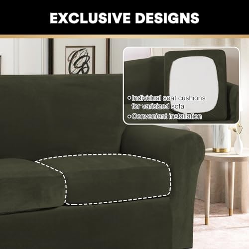 PrinceDeco Velvet Couch Covers for Sofa Soft 4 Pieces Couch Covers for 3 Cushion Couch Sofa Pet Friendly Furniture Protector with Non Slip Elastic Bottom Width Up to 90 Inch (Large, Olive)