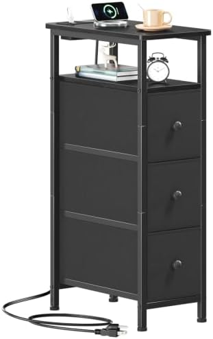 Somdot Narrow End Table with Charging Station, Side Table, 3 Drawers