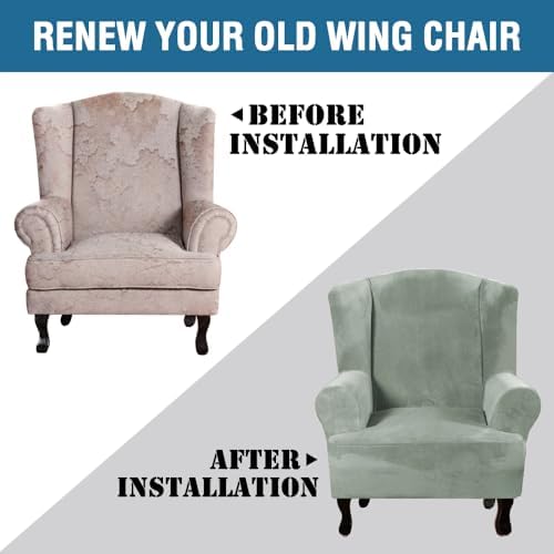 H.VERSAILTEX Wingback Chair Covers Velvet Plush Wing Chair Slipcover 1 Piece High Stretch Wing Back Chair Slipcovers Sofa Cover Furniture Cover with Elastic Bottom, Sea Grass