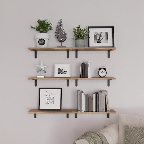 WOPITUES Wood Floating Shelves Set of 6, Shelves for Wall Decor, Farmhouse Shelf for Bedroom, Bathroom Storage Shelves, Book Shelves for Living Room - Rustic Brown (Pack of 2)