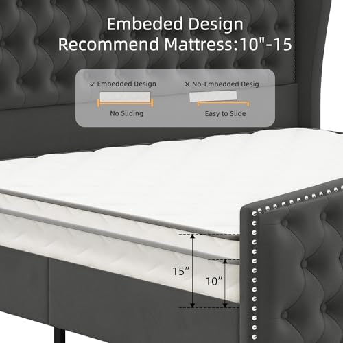 BRELTAM Upholstered Queen Size Bed Frame Velvet Tufted Platform Bed Frame with Wingback Headboard & Footboard, with Deep Button Tufted & Nailhead Wooden Slats Support, No Box Spring Needed,Grey