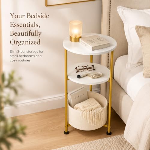3-Tier Small Round Side Table with Storage Basket, White & Gold