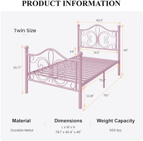 SHA CERLIN Twin Size Metal Bed Frame with Butterfly Headboard, Pink