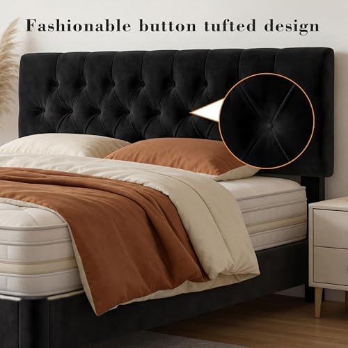 Queen Size Bed Frame with Headboard, Luxury Velvet Fabric Upholstered Bed frame with Button Tufted Design, Strong Wooden Slats Support - Low & Sturdy, Noise-Free, No Box Spring, Easy Assembly, Black