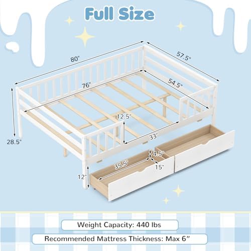 KOMFOTT Full Bed Frame with Rails, Wood Daybed with Side Shelf & 2 Storage Drawers, Platform Bed with Guardrail & Wooden Slat Support for Kids Teens, No Box Spring Needed (Full,White)