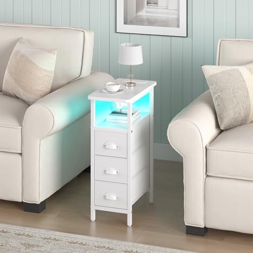 shtmec Narrow End Table Set of 2 with Charging Station, LED Side Tables Set 2 with Fabric Drawers, Small Bedside Tables Nightstands for Small Space, Slim Sofa Couch Table for Livingroom, White