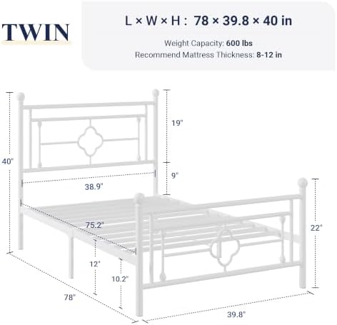 Allewie Twin Size Metal Platform Bed Frame, Victorian Headboard, White