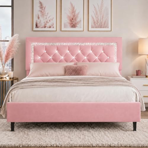BarnFurin Full Size Bed Frame with Tufted Button Headboard,Pink