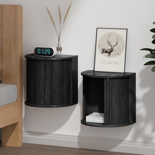 Floating Nightstand Set of 2 with Sliding Roller Shutter Doors,Black-06