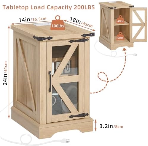 Joaxswe Narrow Night Stand Set 2 with Charger Station, Glass Barn Door