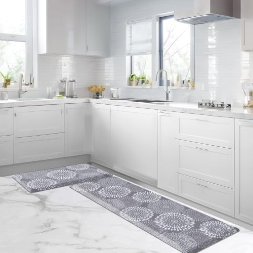 LuxStep Kitchen Mats for Floor,0.47 inch Thicker Cushioned Rug Anti-Fatigue Mats for Kitchen Decor Accessories,Waterproof Non-Slip Mats and Rugs Set for Office,Laundry 17.3"×29"+17.3"×60",Grey
