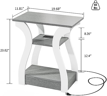 FROMJBEST End Tables Living Room, Grey End Table with Charging Station