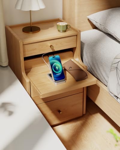 Solid Wood Narrow Nightstand with 3 Drawers,Natural 15.7",Fully Assembled