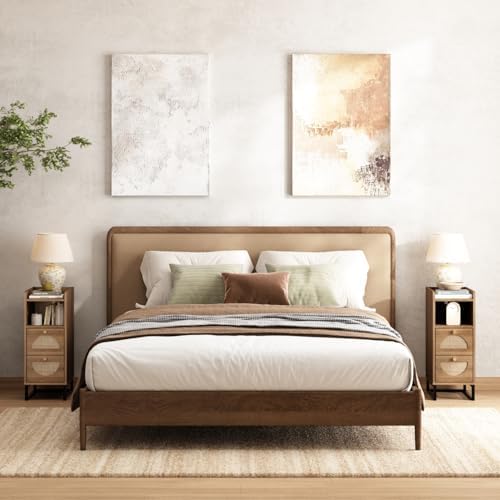 Narrow Nightstand for Small Spaces - 9.3" Slim Side Table with Rattan-Weave Drawers, Skinny Bedside Table with Open Shelf, Rustic Tall Thin Gap Filler for Bedroom & Sofa Side, Caramel Oak