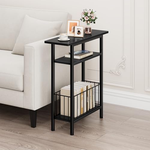 Vagusicc Narrow Side Table, 3-Tier Skinny End Table for Couch, Small side Tables for Small Spaces, Bed Side Table with Storage, 25.2" Tall Slim Nightstand Bedside table for Living Room, Bedroom, Black