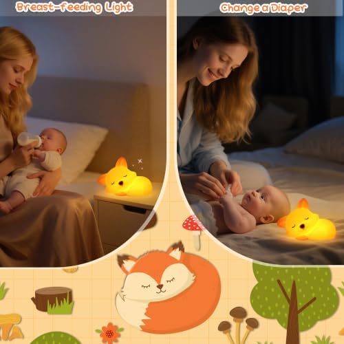 Fox Night Light for Kids, Fox Lamp Silicone Nursery Rechargeable, Birthday Back to School Gifts for Girl Boy, Squishy Touch Nightlight with Dimmable Timer, Breastfeeding Toddler Bedroom Decor