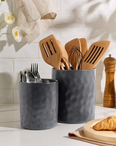 famiware Ceramic Utensil Holder, 7.2"+5.8", Set of 2, Matte Dark Charcoal