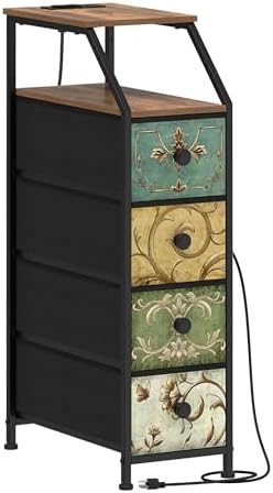 Tohomeor Narrow Dresser Tall Skinny Storage Tower Vertical Slim Chest of Drawers with Charging Station Small Nightstand Side Table for Bedroom, Bathroom, Small Spaces (Retro Flower, 4 Drawers)