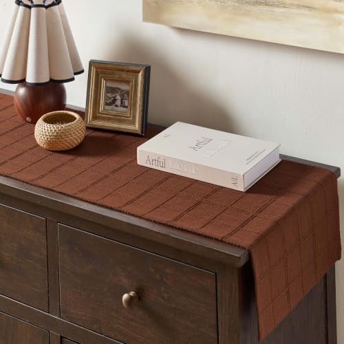 ZeeMart Linen Checked Farmhouse Table Runner, 13x108 Inches Terracota