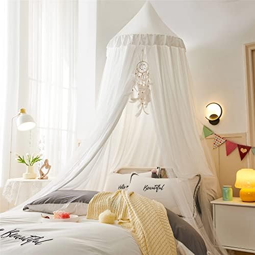 VETHIN Bed Canopy Double Layer Princess Round Dome Dreamy Mosquito Net Bedding Girls Room Castle Play Tent Hanging House Decor Reading Nook Canopies(White/White)