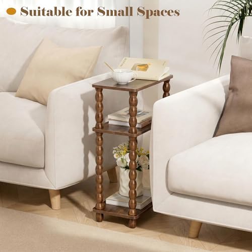 3-Tier Narrow Side Table, Skinny End Table with Wood Spindle Legs Brown