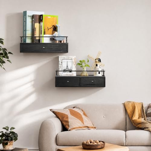 Floating Shelves With Drawers Set of 2, Wall Mounted Storage for Bathroom