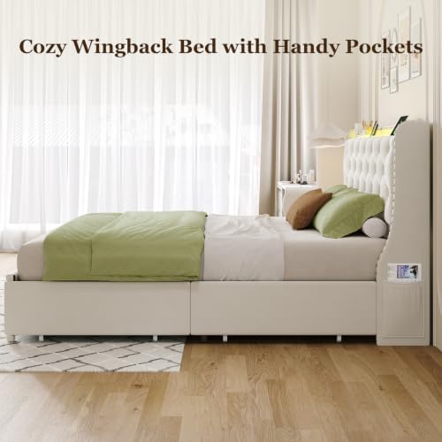 Upholstered Full Size Bed Frame with 4 Storage Drawers, Beige