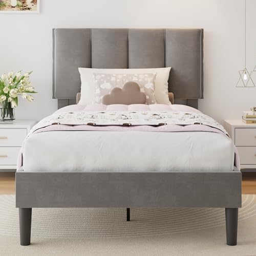 VECELO Twin Size Bed Frame with Upholstered Headboard, Dark Grey
