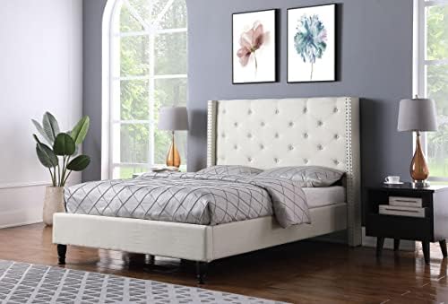 Full Upholstered Platform Bed Frame with 51" Tall Headboard - Button Tufted Cloth Bed - Wood Slat Support with Storage Space- No Box Spring Needed- Easy Assembly - Light Beige - OLIVER & SMITH - Astor