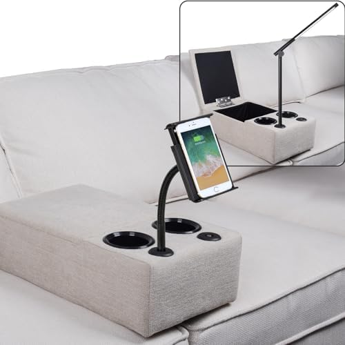 Removable Sofa Armrest with Cup Holder, PU Leather Multifunctional Couch Caddy Storage Arm rest with Power Wireless Charging Stand & LED Reading Light for Sofa Middle Seat Adjustable