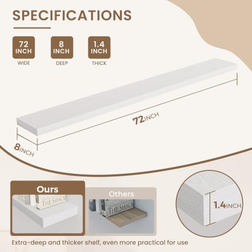 Dreamland 72 Inches Wall Mounted Wood Floating Shelves, White, 2 Pack