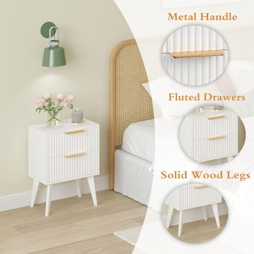 YAUKOMEL Fluted Nightstand with 2 Drawers,Modern Bedside Table White