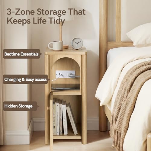 Narrow Nightstand with Charging Station, Slim Wood Bedside Table