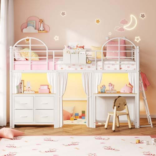 Twin Low Loft Bed with Desk & 4 Storage Drawers, Smart LED Lights, White