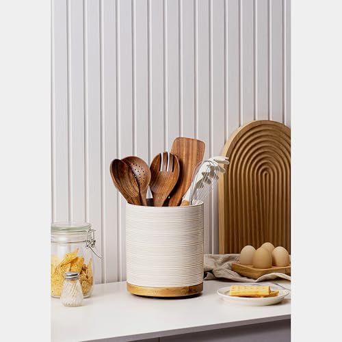 Utensil Holder, 360° Rotating Extra Large Ceramic Kitchen Utensil Holder for Countertop, 7.3“ Cooking Utensil Crocks for Kitchen Counter with Rotatable Wooden Base, Farmhouse Decor, Arctic White