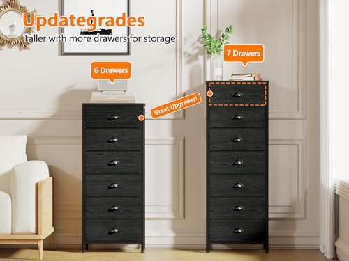 Furnulem Black Bedroom Dresser, Tall Chests of Drawers with 7 Fabric Bins