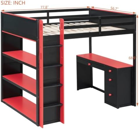 LUMISOL Full Gaming Loft Bed with Desk and Storage Shelves, Solid Wood Loft Bed with Drawers and Computer Desk for Teens, Space Saving High Loft Bed Frame for Kids Bedroom Red