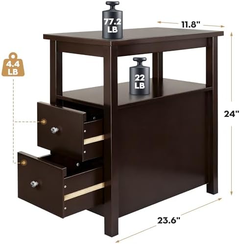 ZENY Narrow End Table Set of 2 Side Table with Drawer and Open Shelf Sofa Table for Living Room Bedroom, Small Table for Bedside, Couch, Espresso