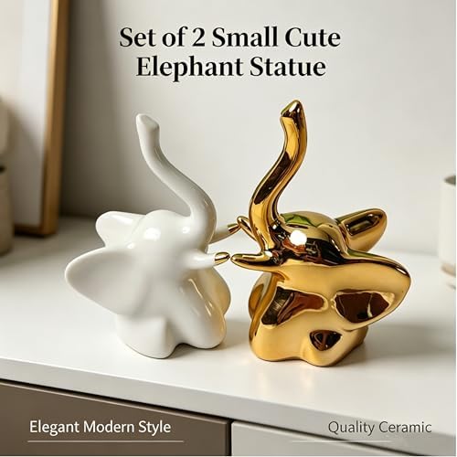 Gold and White Elephant Statues, 2 Pack Ceramic Shelf Decor