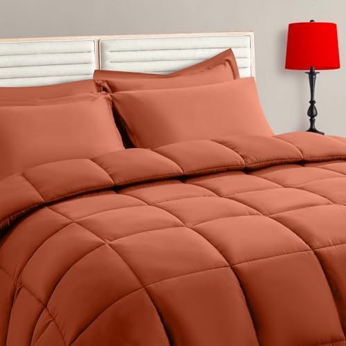 TAIMIT Burnt Orange King Comforter Set - 7 Pieces, Bed in a Bag Bedding Sets with All Season Soft Quilted Warm Fluffy Comforter,Flat Sheet,Fitted Sheet,2 Pillow Shams,2 Pillowcases