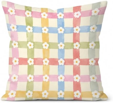 Cottagecore Floral Daisy Gingham Decor Pillow Cover 18x18