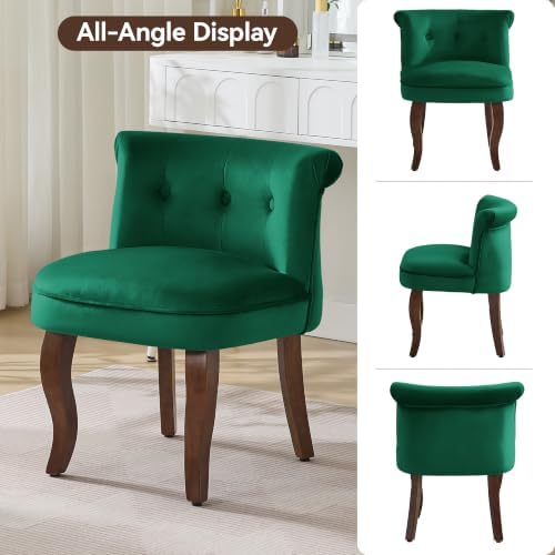 WUTUTUEE Velvet Vanity Chair with Back, Tufted Upholstered Vanity Stool with Solid Wood Legs, Mid Century Small Makeup Chair for Vanity, Accent Chair for Bedroom, Living Room, Green