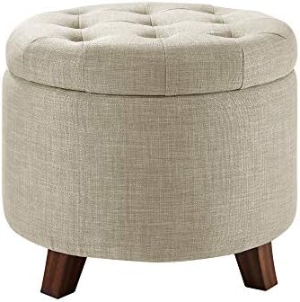Amazon Basics Round Storage Ottoman Foot Rest, Button Tufted Upholstered Footstool with Storage, Sturdy Linen Fabric for Living Room and Bedroom, 20" x 17", Beige