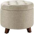 Amazon Basics Round Storage Ottoman Foot Rest, Button Tufted Upholstered Footstool with Storage, Sturdy Linen Fabric for Living Room and Bedroom, 20" x 17", Beige