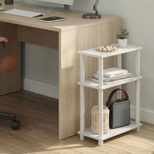 Furinno Turn-N-Tube Narrow Side Table, 3-Tier Rectangular Modern End Table with Storage Shelf, Slim Toolless Assembly Nightstand, Night Stand, Bedside Table, for Living Room, Bedroom, White