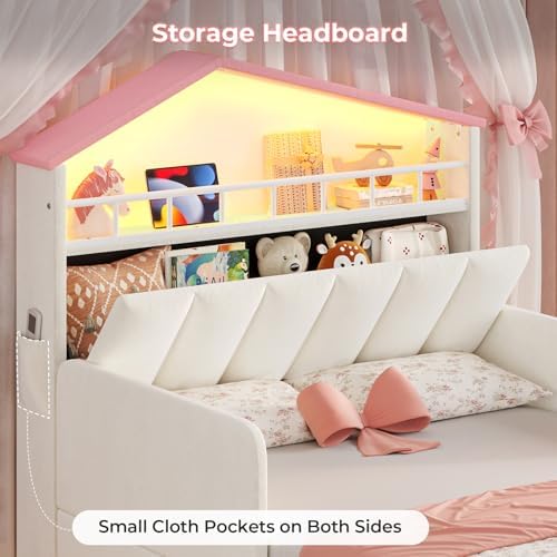 ADORNEVE Twin Size Girls Bed Frame with LED Lights,Beige & Pink