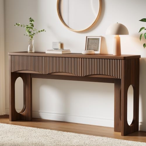 63" Fluted Console Table with 3 Storage Drawers,Walnut