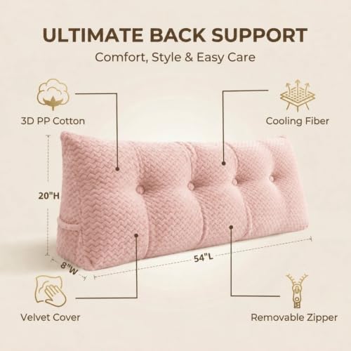 Headboard Pillow Full Size, Reading Pillow for Bed, Wave Pattern Wedge Pillow, Tufted Backrest Support, Headboard Substitute, Pink